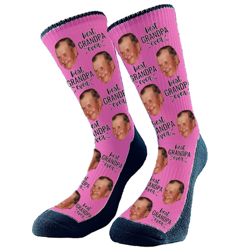 Custom socks with 'Best Grandpa Ever' text and a photo of Grandpa's face, printed on soft, colorful fabric.