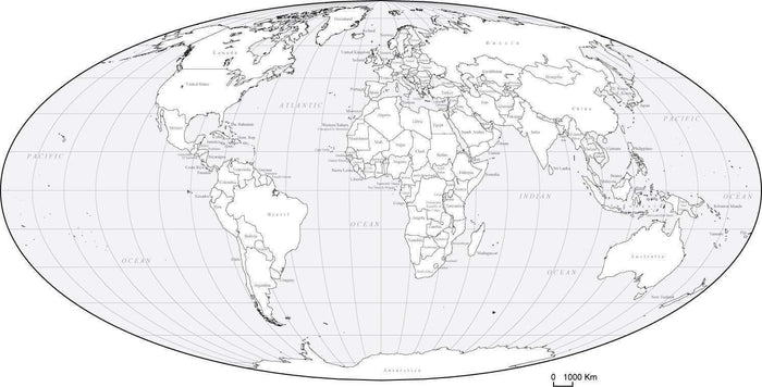 Digital World Map with Countries - Euro-Centered - Black & White