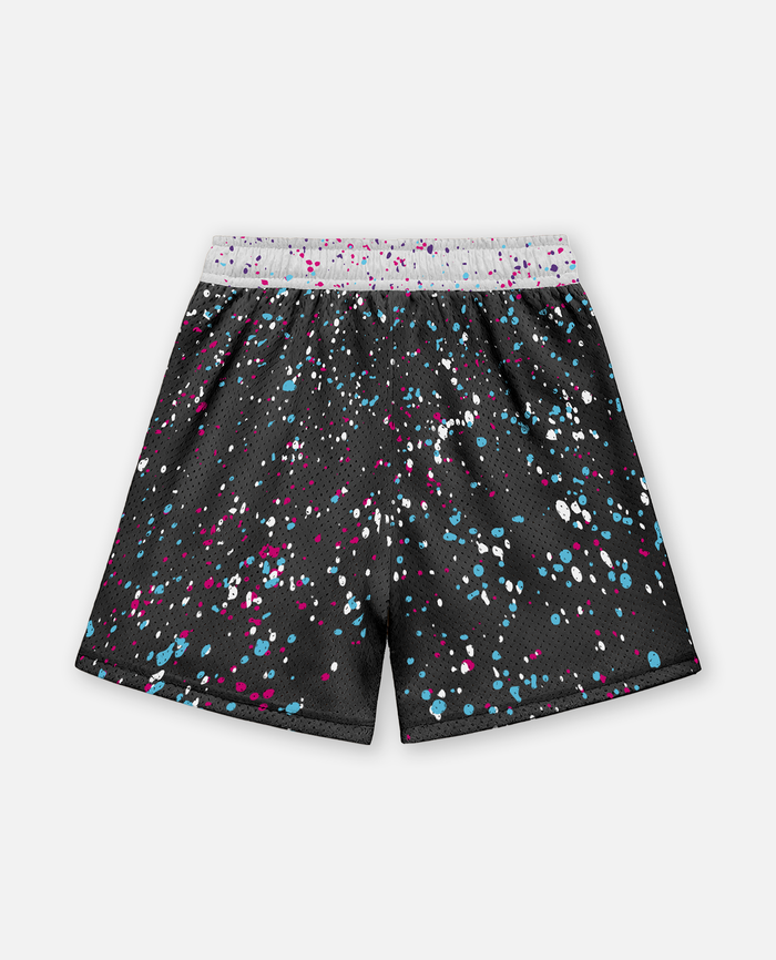 Black titan battlegear shorts with colorful speckles on a white