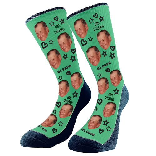 Custom face socks with '#1 Papa' design, featuring stars and heart pattern, personalized Father's Day gift