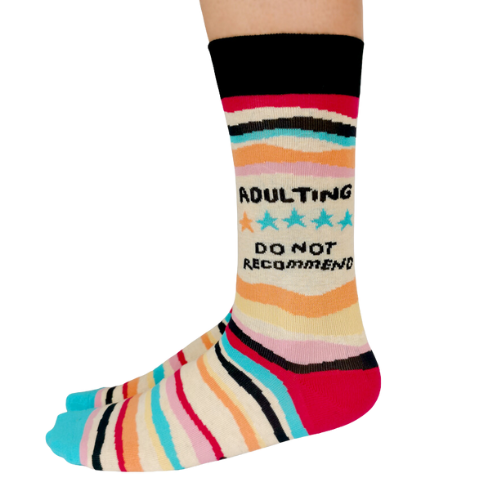 colorful horizontal stripes with the writing "Adulting, do not recommend" and 1 out of 5 stars.