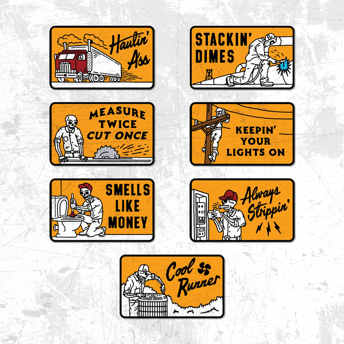 Trade Money sticker collection shown together, including Always Strippin