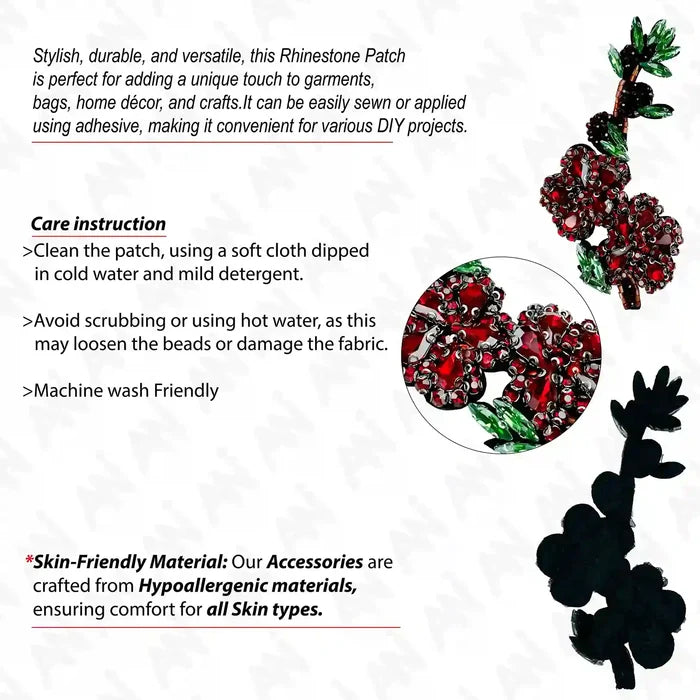 Ani Accessories sew flower patch infographic view showing design details and usage for jackets shirts denim jeans bags and DIY clothing projects