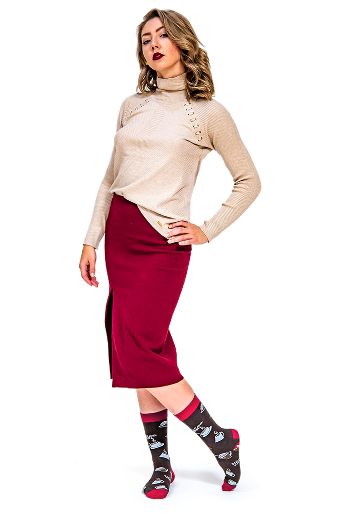 The Uptown Sox offers fun and colorful novelty socks that will bring excitement to your wardrobe and your life.  Coffee cups and mugs pattern with brown background color and red on the top, heals and toes.