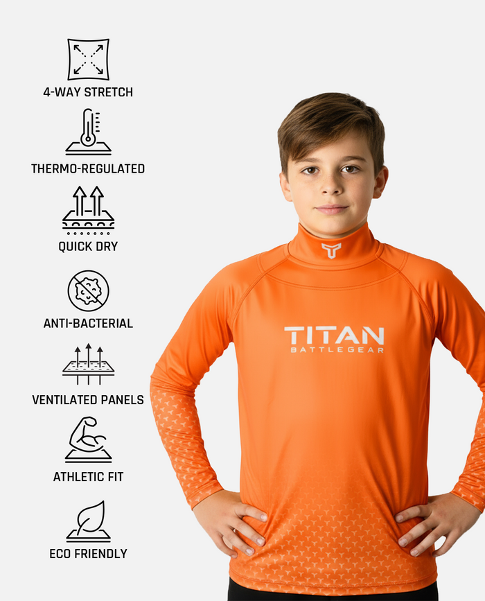 Child wearing an orange long-sleeve neck guard shirt with Titan Battle Gear logo, surrounded by feature icons on a light gray background.