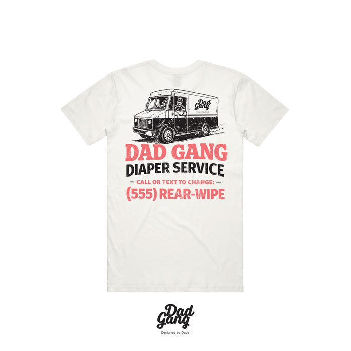 Diaper Service short sleeve graphic tee by Dad Gang in white, main product view of the print
