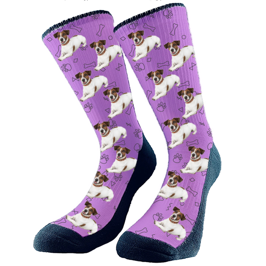 This party outline of dog bones and paw prints all over pattern is a real hit. We will crop your dog's face or full body onto the sock style you choose. Get custom socks with your very own fur babies face on them! They make the perfect gift for anyone who loves their dog! Perfect for any holiday, birthday, or anniversary!