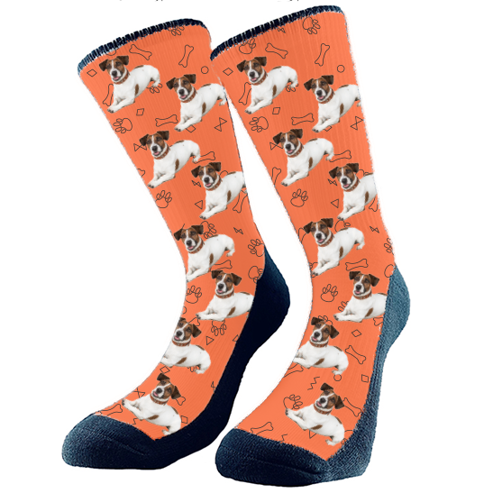 This party outline of dog bones and paw prints all over pattern is a real hit. We will crop your dog's face or full body onto the sock style you choose. Get custom socks with your very own fur babies face on them! They make the perfect gift for anyone who loves their dog! Perfect for any holiday, birthday, or anniversary!