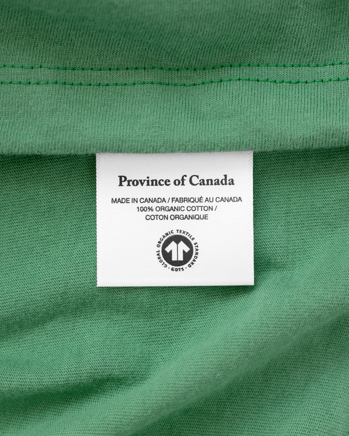 Made in Canada 100% Organic Cotton Soccer Football Script Flag Tee Green - Unisex - Province of Canada