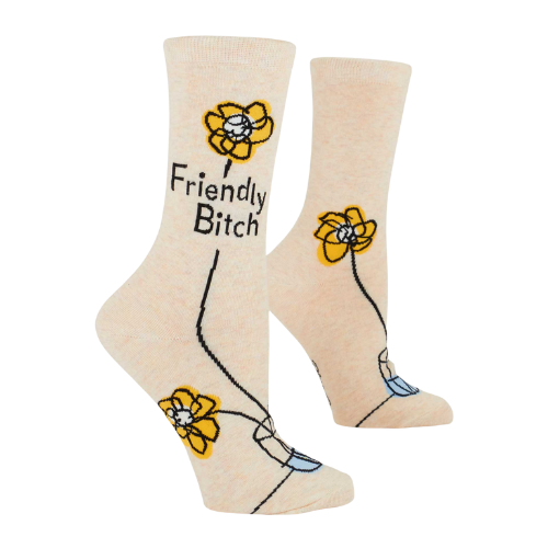 Women’s crew socks featuring the phrase ‘Friendly Bitch’ in a fun, sassy design.