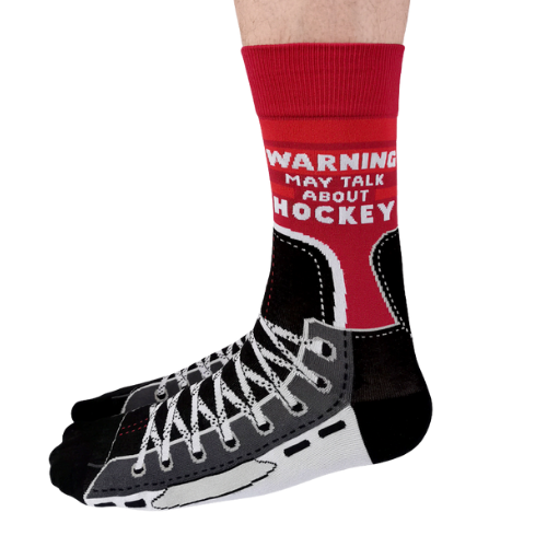 Custom 'Hockey Talk' socks with playful hockey phrases and designs, perfect for fans of the game.