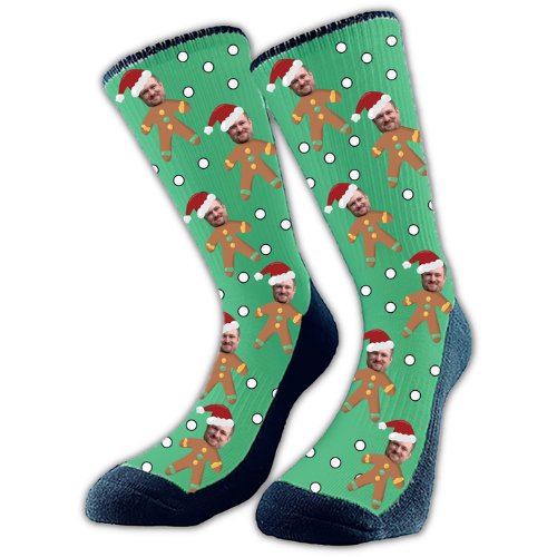Custom Face Socks featuring Gingerbread and snowballs. Add you face to these fun socks that you personalize.