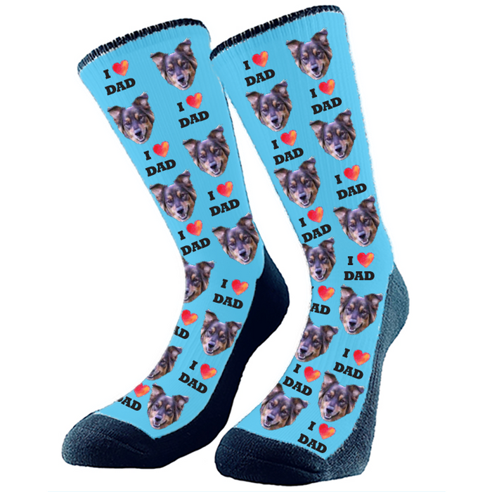 I Heart Dad Custom Face Socks. Switch up the background color and add your favorite face to socks.