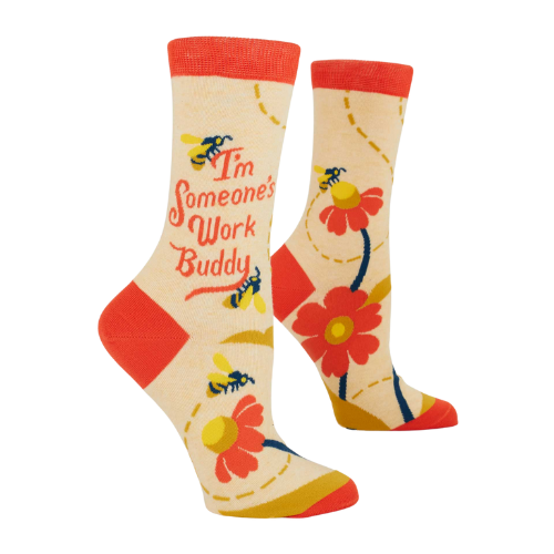 I’m Someone’s Work Buddy women’s crew socks with fun office-themed text.