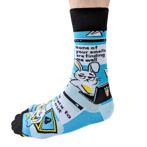 Men’s novelty socks featuring cute bunny and email inbox theme – perfect for tech or office humor