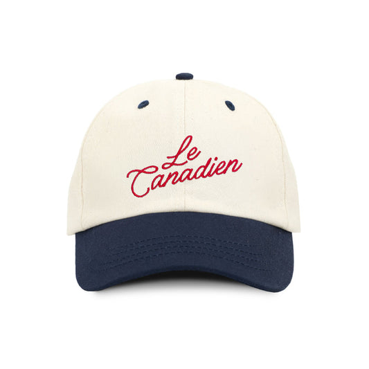 Made in Canada 100% Cotton Le Canadien Baseball Hat - Province of Canada Natural and Navy Blue