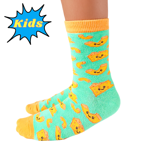 A close-up of Uptown Sox's Mac and Cheese Socks with a fun, bright pattern of macaroni and cheese bowls. Ideal for food lovers looking to add some fun to their sock collection.
