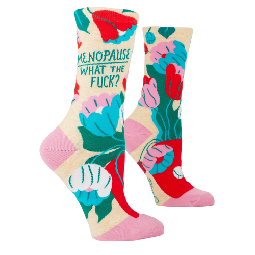 Blue Q W-Crew socks with the phrase "Menopause. What The Fuck?"—a humorous design to lighten the journey through menopause.