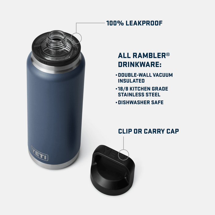 Specifications panel for the black YETI Rambler 36 oz bottle listing size and capacity