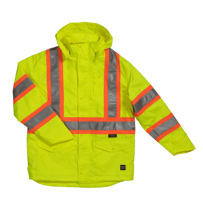 Tough Duck safety rain jacket in fluorescent green, 3X and up sizing, front view