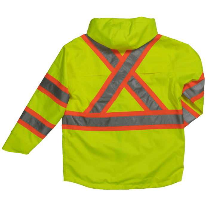 Tough Duck safety rain jacket in fluorescent green, extended sizing, back view