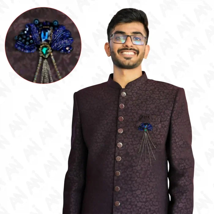 Ani Accessories sapphire sequins bead handmade chain patch styled on bandhgala for a rich and elegant ethnic look