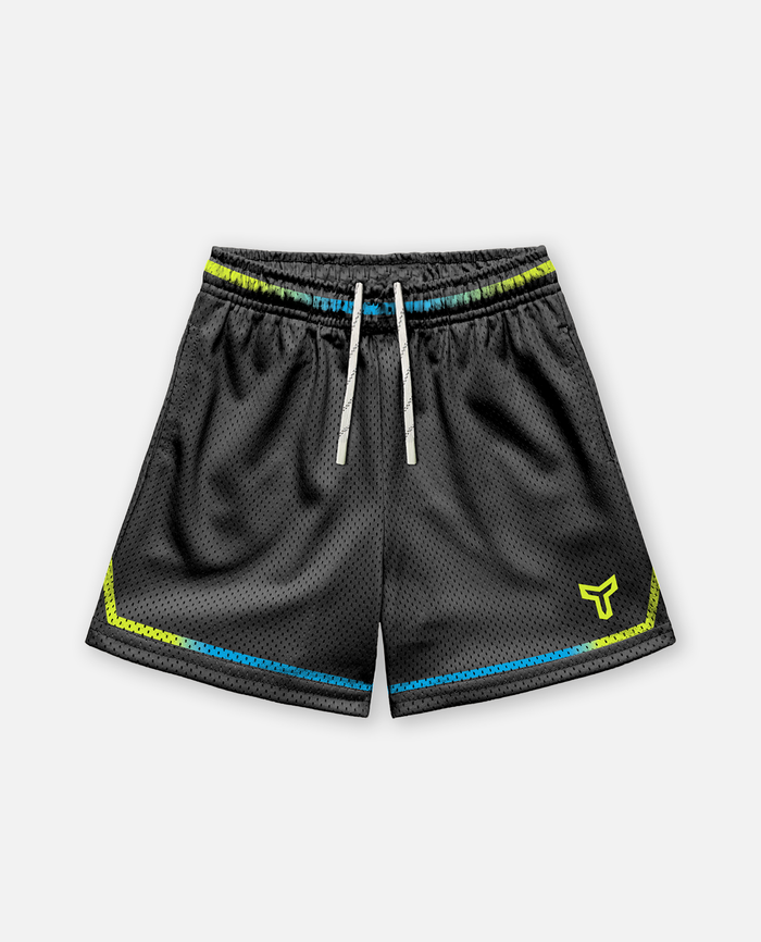 Titan battlegear Black athletic shorts with colorful accents on a light gray background