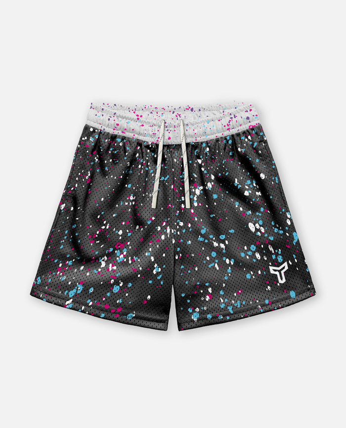 Titan battlegear Black shorts with colorful speckles on a white background