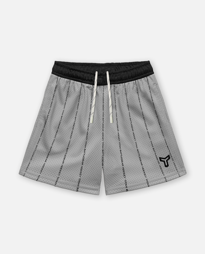 titan battlegear Gray athletic shorts with black drawstring on a white background