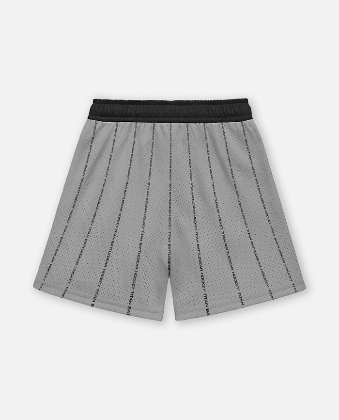 Gray titan battlegear shorts with black pinstripes on a white background