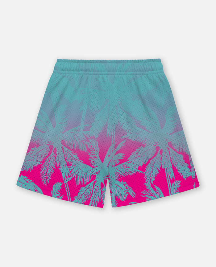 Teal and pink shorts with palm tree pattern on a white background